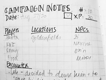 Image of the top of a campaign notes layout showing the date, session number XP gained, players, locations, NPCs, and encounters.