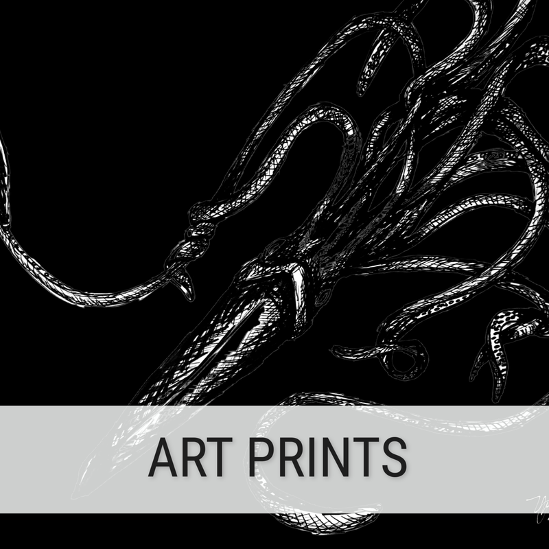 Link to art prints showing an image of a kraken sketch against a black background