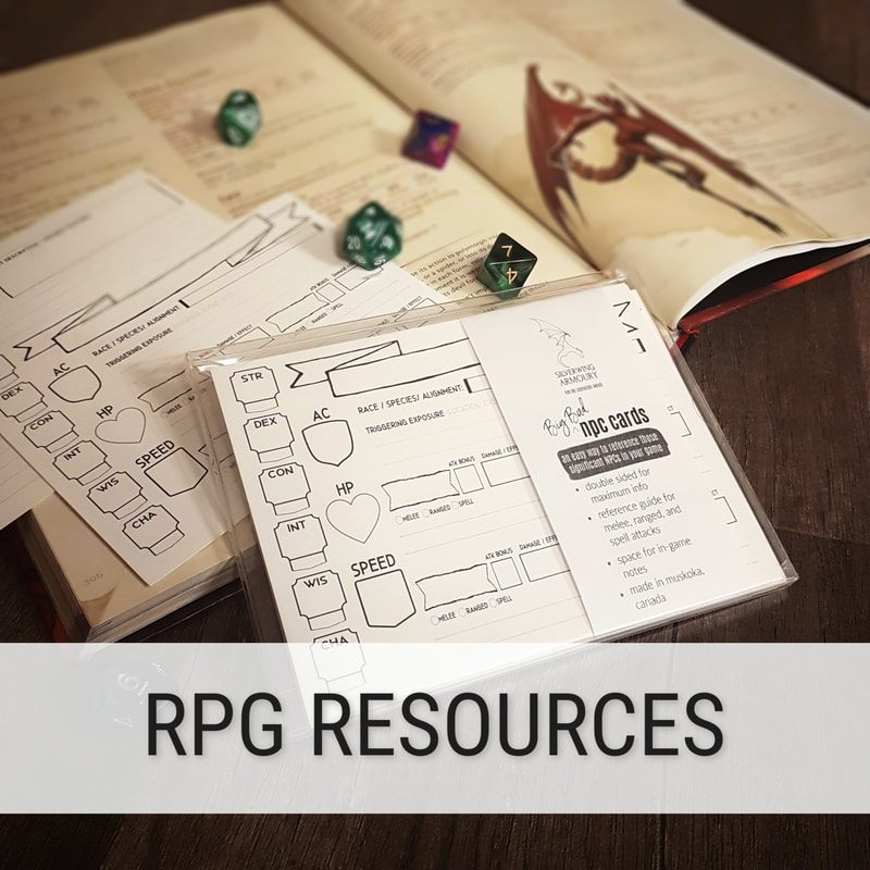 Link to RPG resources with an image of the Big Bad NPC cards leaning against a book and some polyhedral dice
